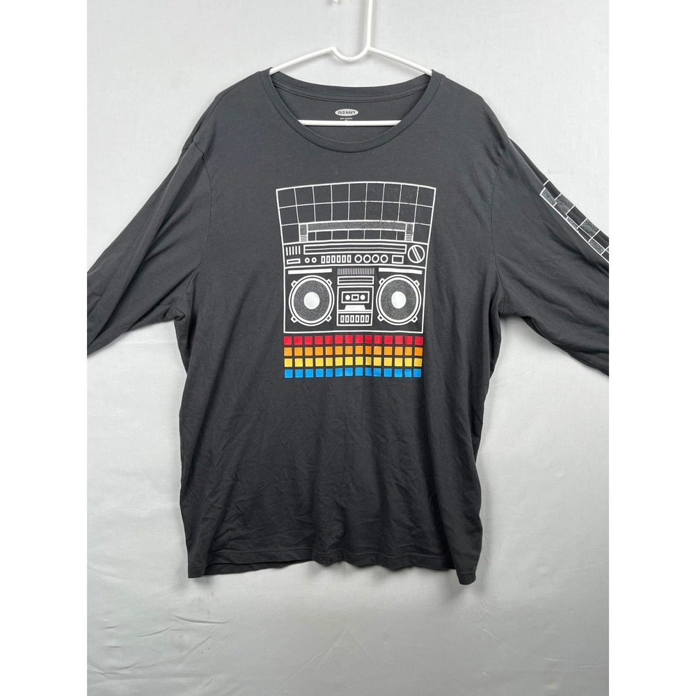 Old Navy Mens XXL Long Sleeve Boombox Graphic‎ T-Shirt Soft-Washed Gray Retro